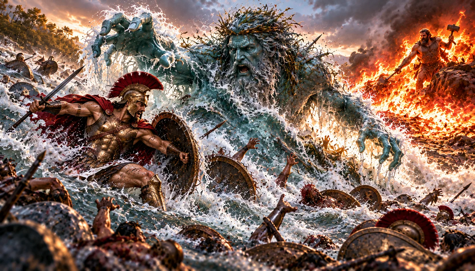 Illustrated interpretation of Achilles battling the river god Scamander