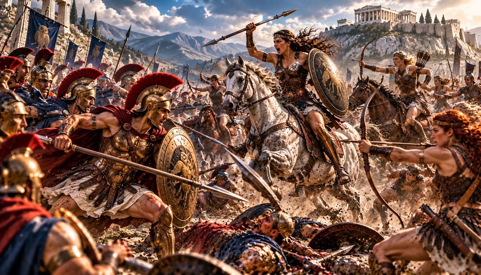 Illustrated interpretation of the Amazonomachy, the battle between the Greeks and Amazons