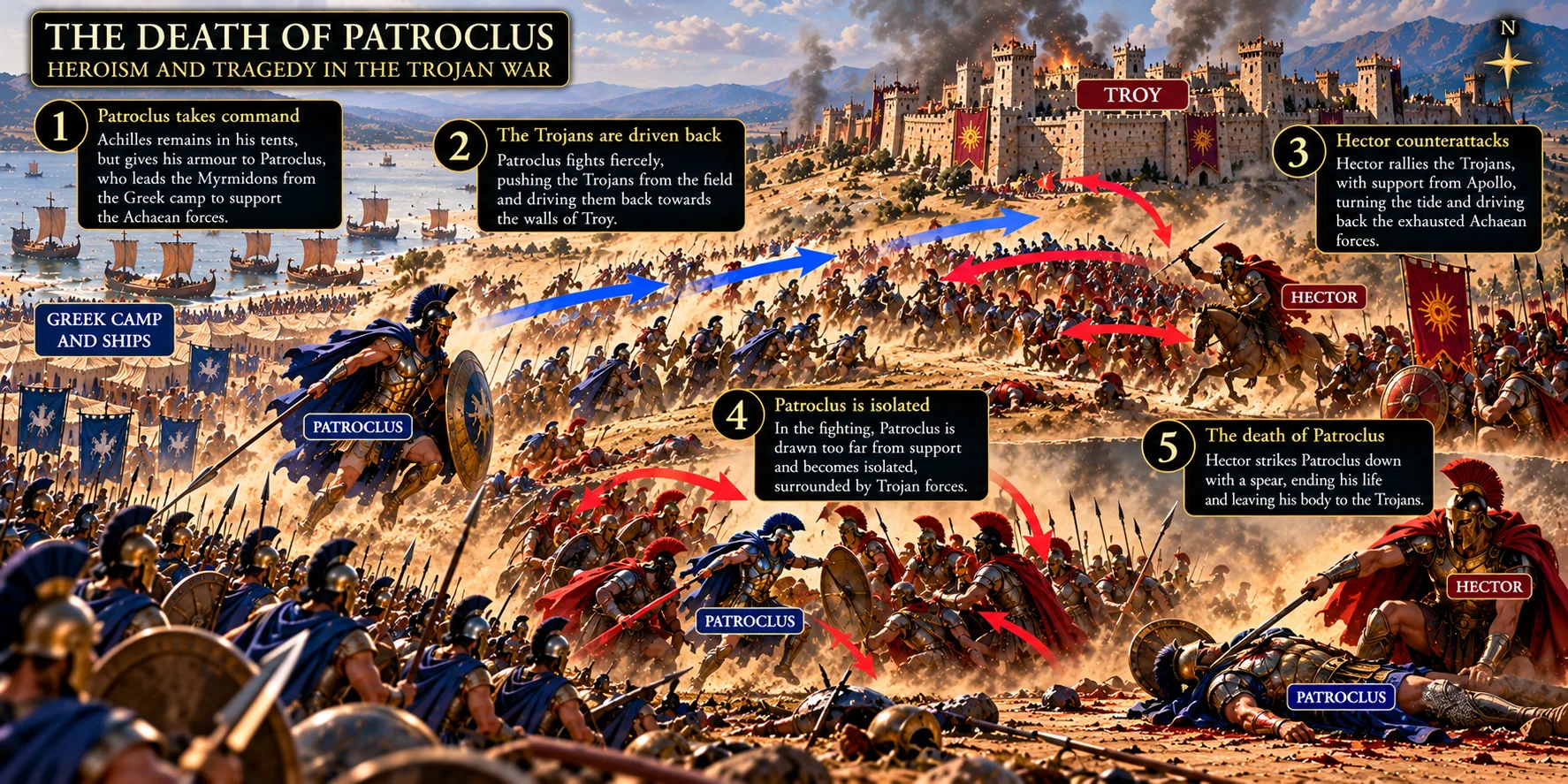 Illustrated battle map of the death of Patroclus during the Trojan War
