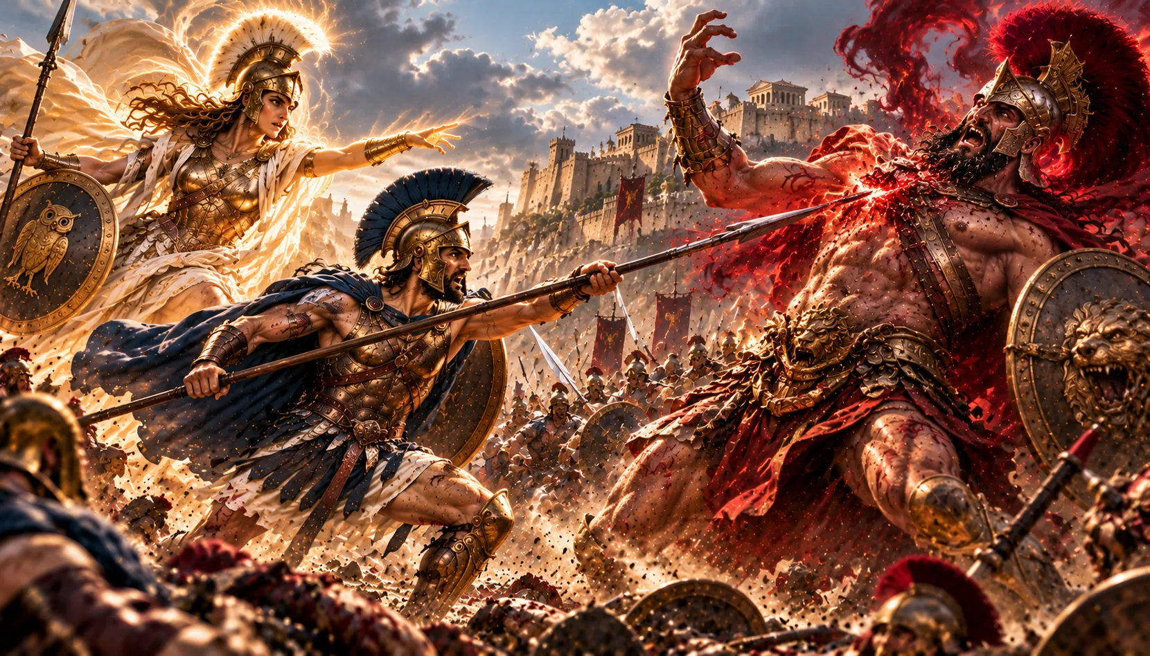 Illustrated interpretation of Athena guiding Diomedes as he wounds Ares