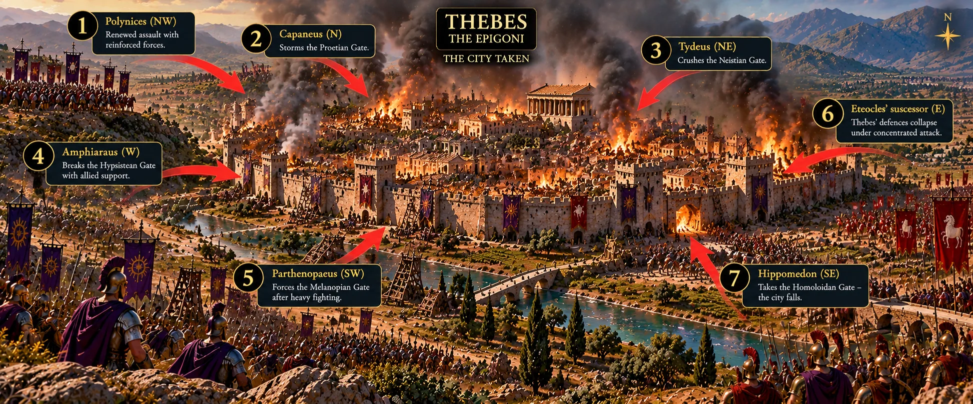 Illustrated battle map of the Epigoni campaign against Thebes