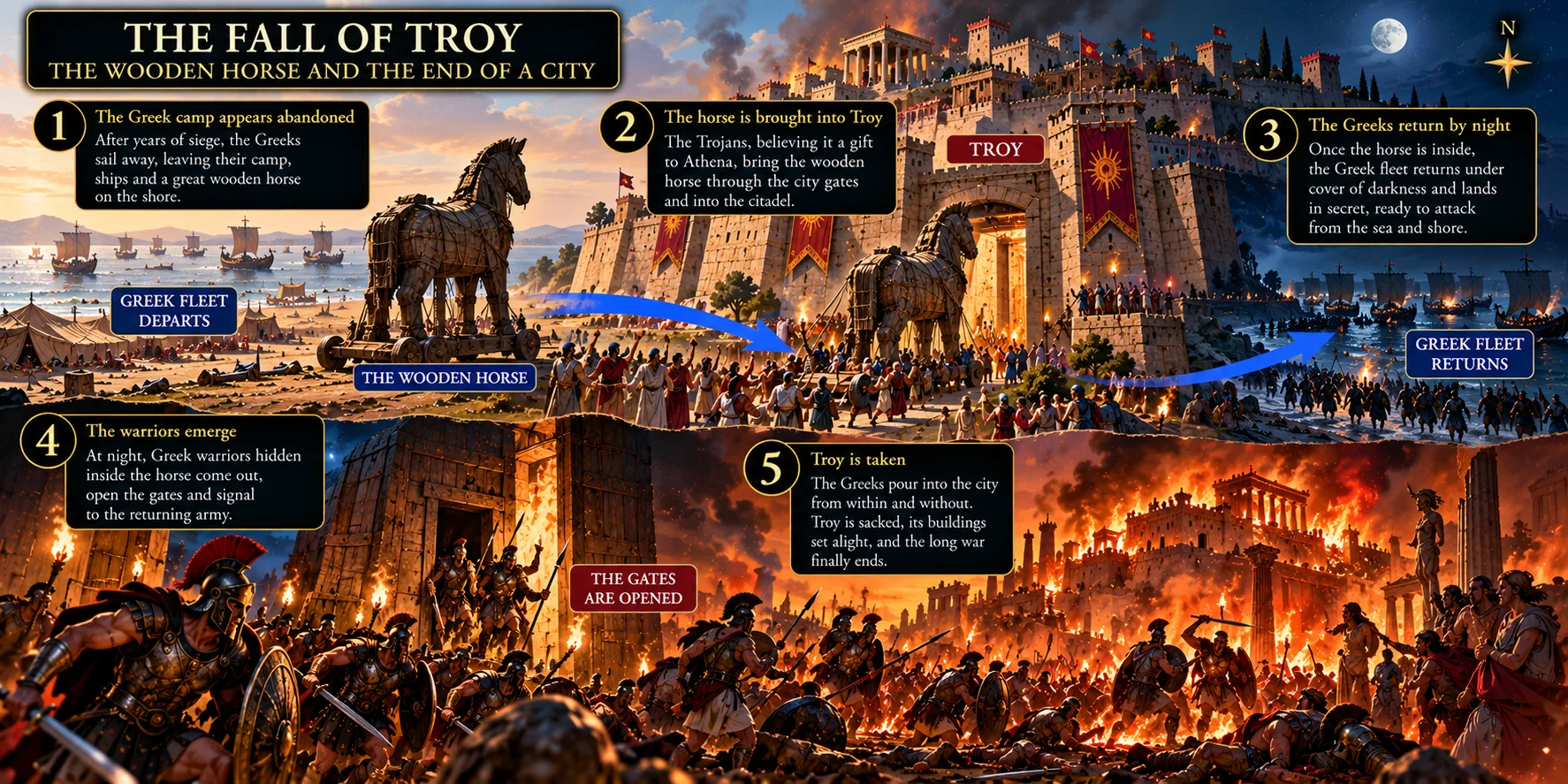 Illustrated map showing the fall of Troy and the wooden horse