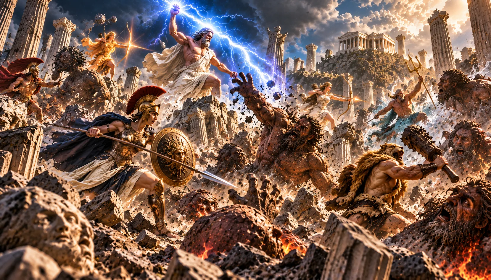 Illustrated interpretation of the Gigantomachy, the battle between the Olympian gods and the Giants