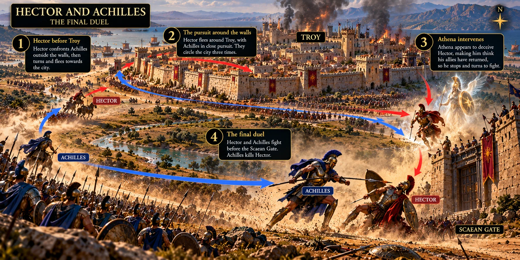 Illustrated battle map of Hector and Achilles outside Troy