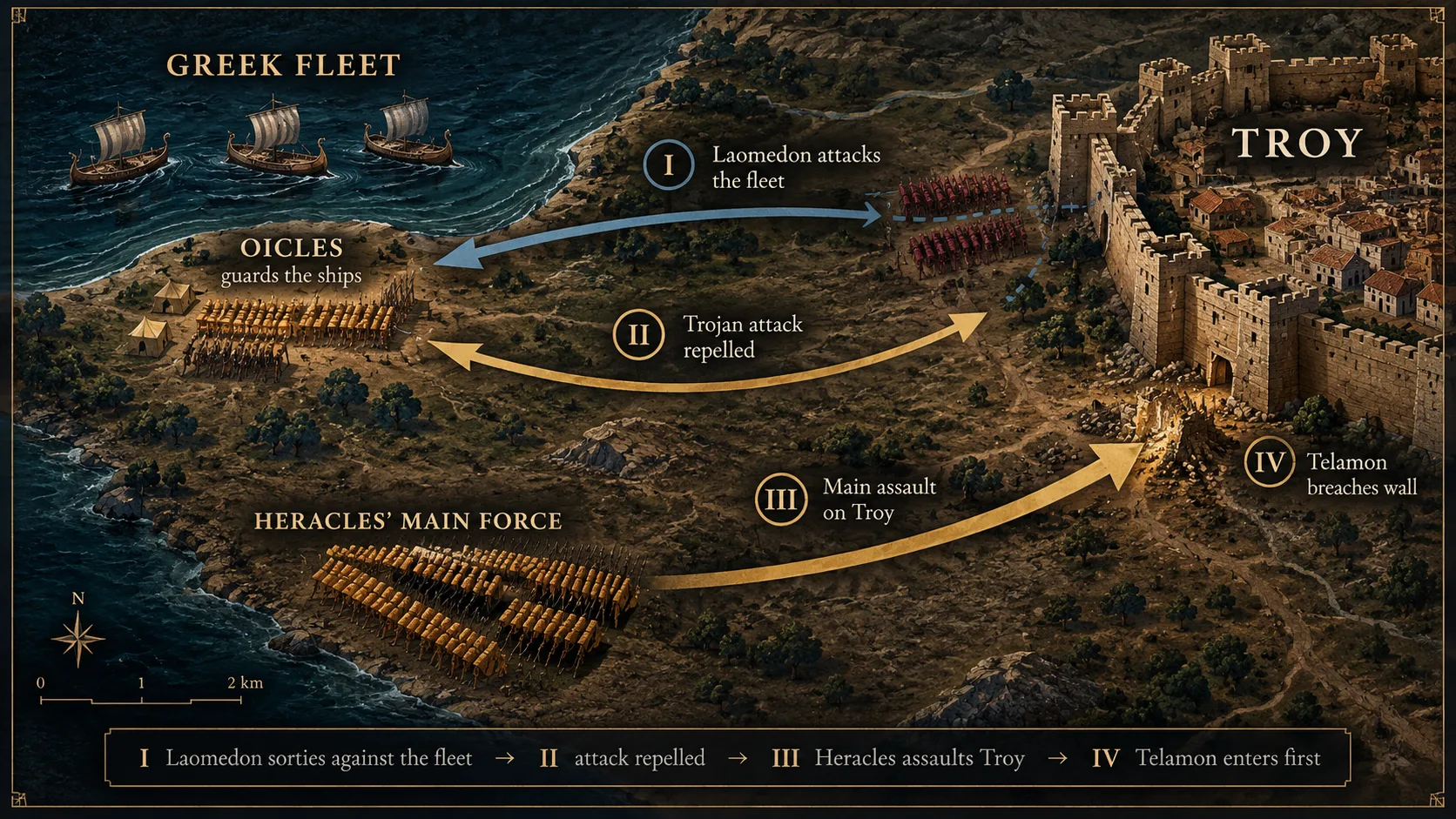 Illustrated tactical interpretation of Heracles' assault on Troy