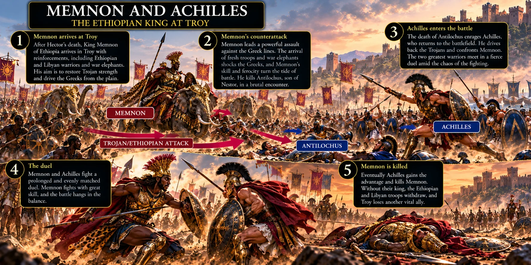 Illustrated battle map of Memnon and Achilles at Troy