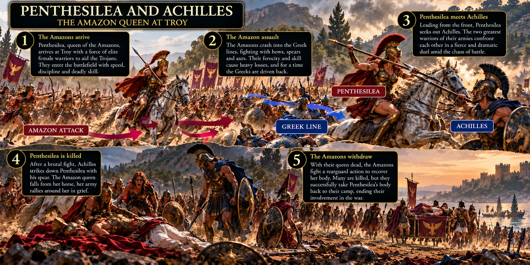 Illustrated battle map of Penthesilea and Achilles at Troy