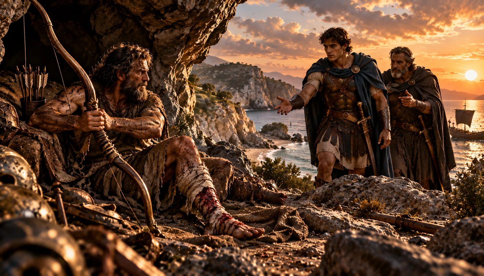 Illustrated interpretation of the Greeks seeking Philoctetes on Lemnos