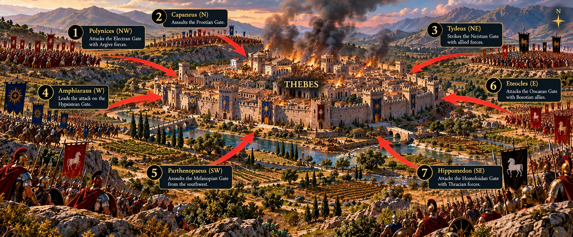 Illustrated battle map of the Seven Against Thebes