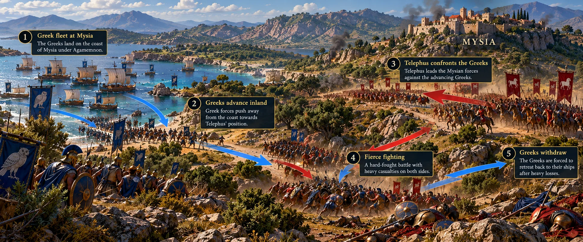 Illustrated battle map of Telephus and the Greeks in Mysia