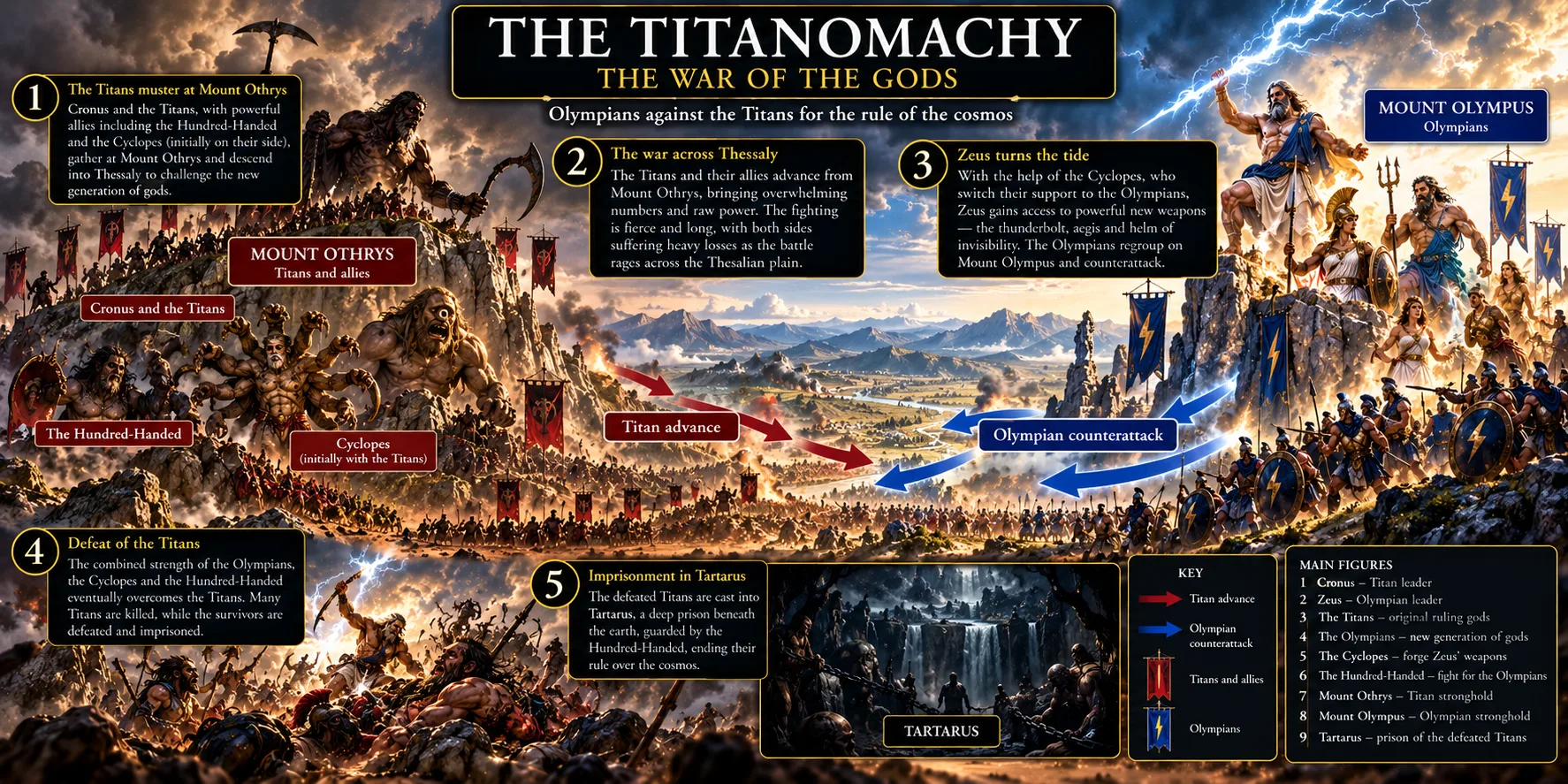 Illustrated interpretation of the Titanomachy, the war between the Olympians and Titans