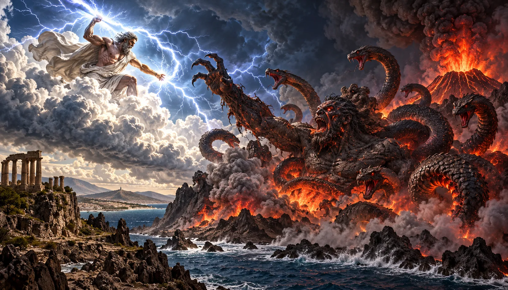 Illustrated interpretation of Zeus battling Typhon